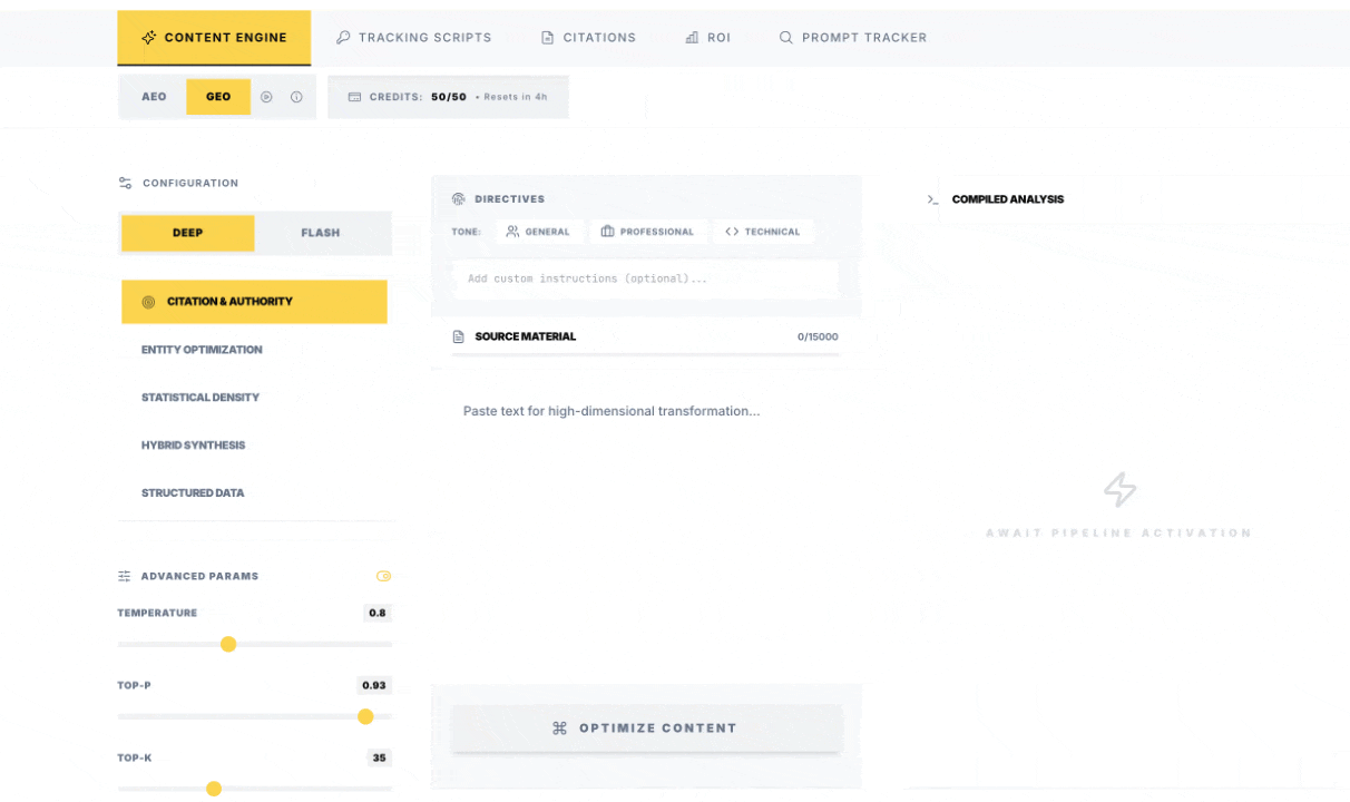 Onboarding map from Optimize to Publish to Tracking to Citations to ROI.